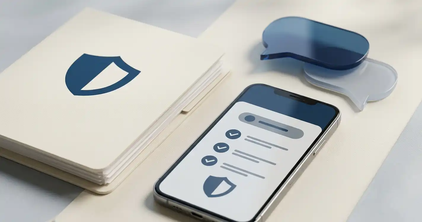 Editorial illustration of a mobile device, support chat and account security checklist